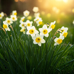 Blooming Daffodils in a Sunlit Garden at Golden Hour