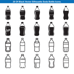 Twenty Black Soda Bottle Icons Silhouette vector collection.