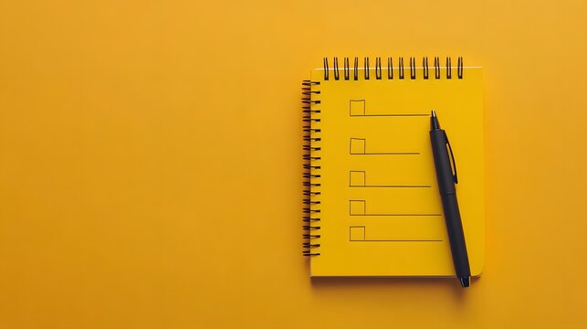 Yellow notepad with checklist and pen on bright background.