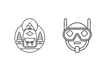 Black line art illustrations of backpack hiking and diving mask adventures outdoors