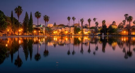 Naklejka premium Sunset Over Echo Park Lake: A Stunning Reflection of Downtown Los Angeles and Hollywood in Long Exposure