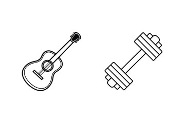 Black and white illustration of guitar and dumbbell icons with white background