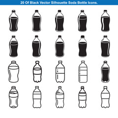 Twenty Black Soda Bottle Icons Silhouette vector collection.