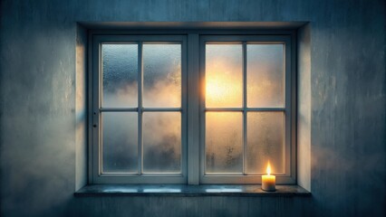 Obraz premium Serene Sunset View Through a Foggy Window Pane with a Lit Candle
