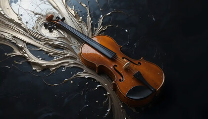 Fototapeta premium A violin partially melting into abstract metallic brush strokes with subtle reflections on a dark studio backdrop