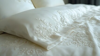 Luxurious cream-colored silk bedding set with delicate embroidery.