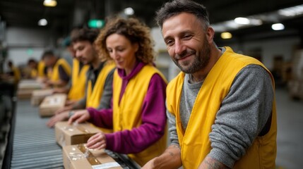 Happy Factory Workers Inspecting and Packing Items on a Production Line in a Warehouse