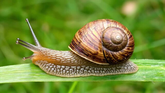 Snail on green leaf with textured shell and body in natural animal nature environment