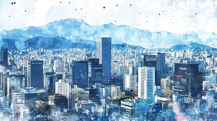Watercolor illustration of a city, tall buildings and mountains