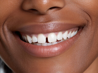 Close-up of a smiling black woman's mouth with white teeth and diastema between the upper incisors. 