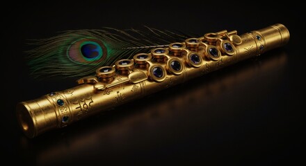 Naklejka premium Ornate Golden Flute Resting with a Peacock Feather on Black Background