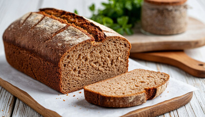 rye gluten free bread, on the table, on a white background, AI generated.