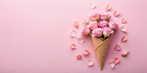 Delicate Pink Roses Arranged in a Waffle Cone with Scattered Petals on a Soft Pink Background