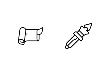 Simple black and white icons of a rolled scroll and ink pen for various applications