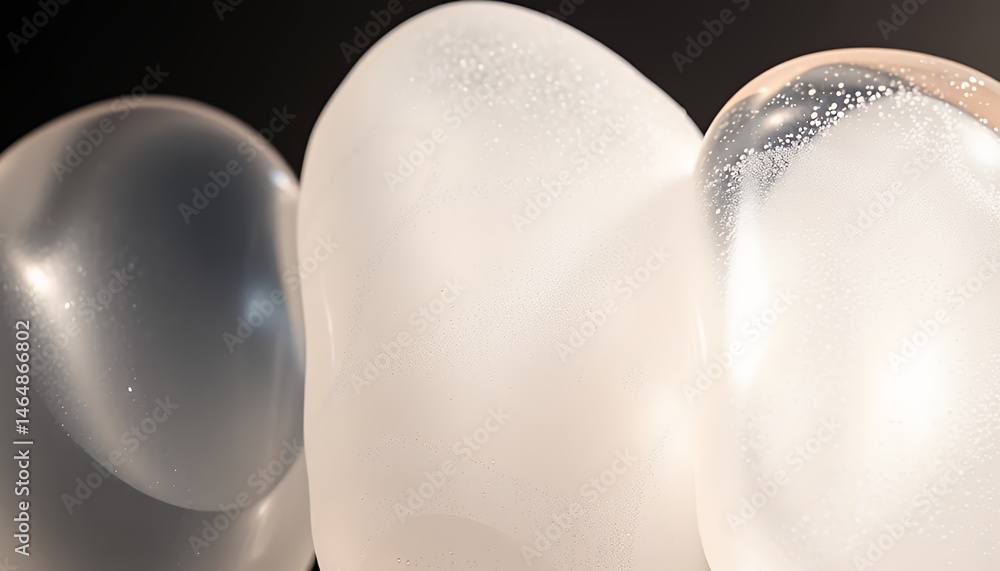 Poster three translucent balloons with tiny particles against a dark backdrop in studio lighting