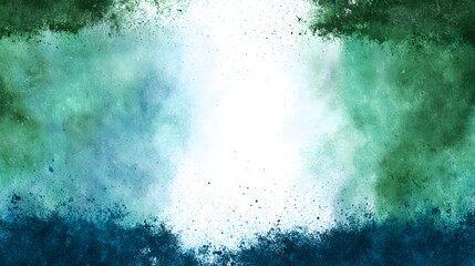 Fototapeta premium Sponged blue and green vintage grunge paper with bright white center and wavy water border effect 