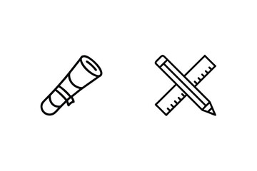 Simple outline icons featuring a diploma scroll and crossed pencil and ruler on white background