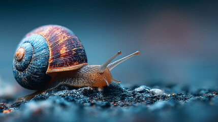 A brown snail slowly crawls across a grey granite surface with a softly blurred background. Symbolizes patience, resilience, and the beauty of small life in a calm, natural environment.

