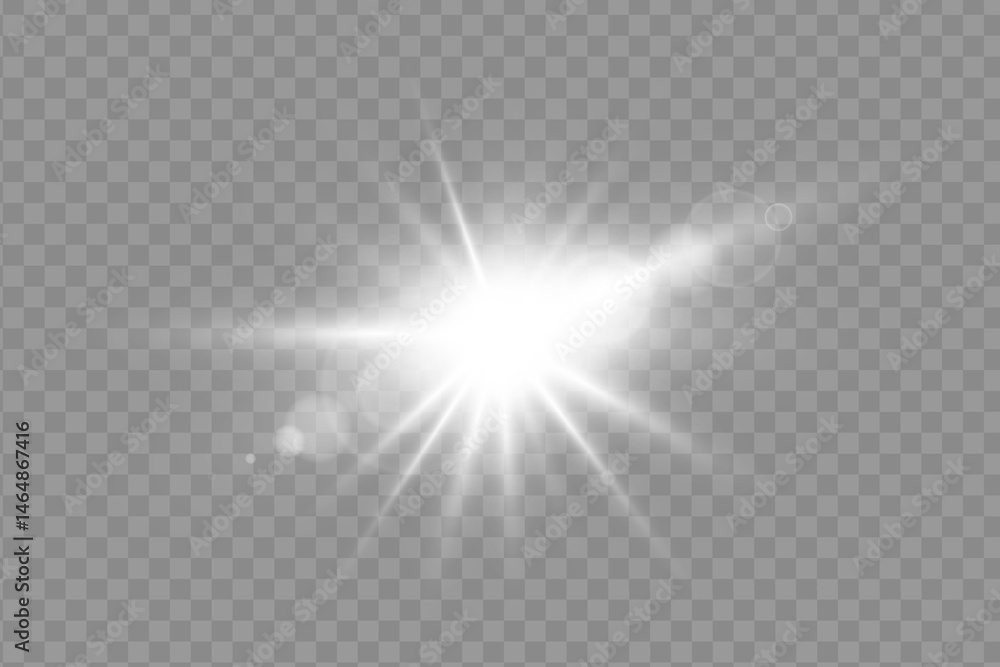 Poster bright sunburst with glowing rays and lens flare on a transparent background. dynamic light effect w