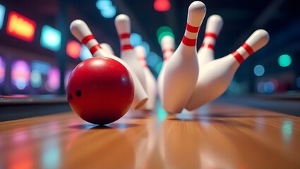 Red bowling ball striking white pins in motion
