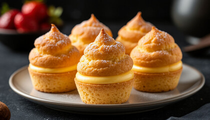 Tiny sponge cakes custard profiteroles, on dark background, professional photography, AI generated.