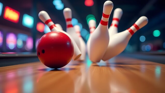 Red bowling ball striking white pins in motion