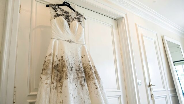 Moldy wedding dress isolated on a white background, showcasing unique design elements and deterioration