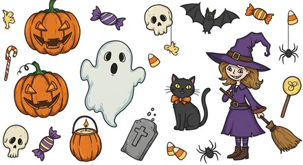 Halloween Cartoon Illustration with Witch, Ghost, Pumpkins and Treats