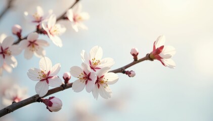 Obraz premium Fragile white cherry blossom sprigs on seamless white Soft, diffused light , artistic, flower