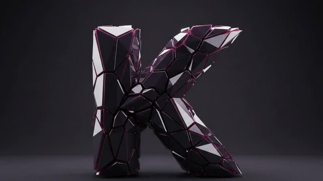 3D dark purple letter 'K' with a split crystal design &mdash; sharp and striking.