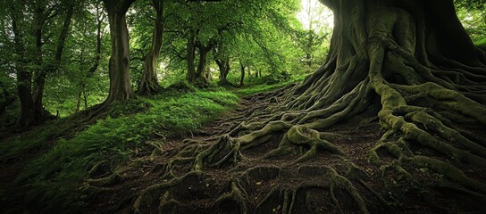 Lush forest floor with extensive tree roots