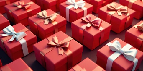 Pile of red and white gift packages, shiny bows Close-up festive arrangement , ribbon, New Year