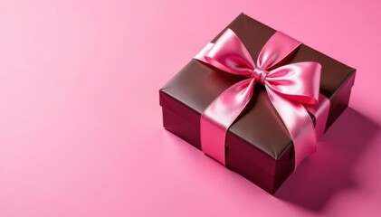 Fototapeta premium Pink satin ribbon adorns a chocolate box, overhead view Pink background , pink background, luxury