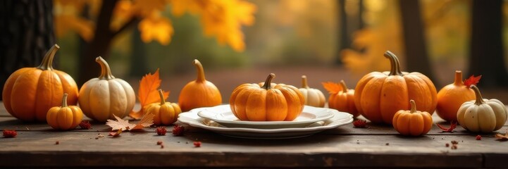 Rustic autumn table setting with gourds & warm tones, tablecloth, orange, elegant