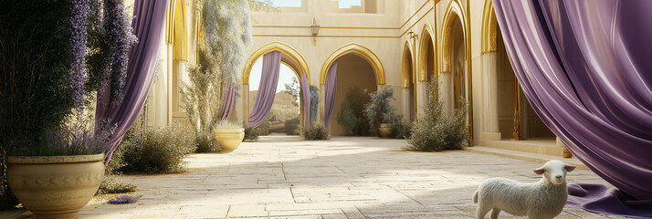 Parisian courtyard Eid scene with soft cream walls, gold arched windows and a stylized lamb in the foreground beneath flowing lavender drapes