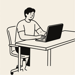 A person vector  sits at a desk typing on a laptop.