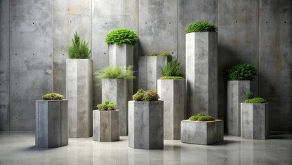 Naklejka premium Modern concrete planters with various greenery arranged against a textured wall.