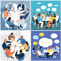 A collage of four illustrations vector depicts people around a table, seemingly in meetings or discussions.