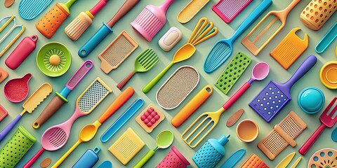 A vibrant collection of colorful kitchen utensils and gadgets arranged in a playful pattern on a muted background