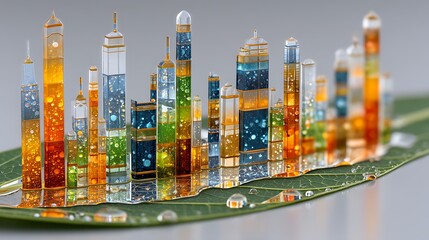 Colorful Miniature Glass Cityscape on Dew Covered Leaf Artistic Architectural Model