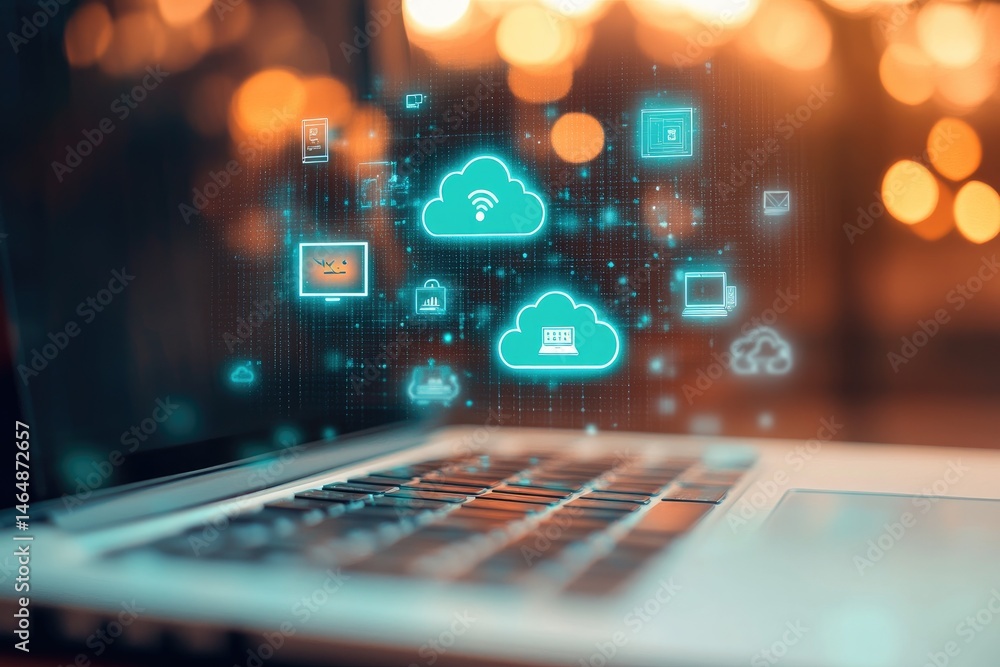 Poster cloud computing concepts visualized on a laptop