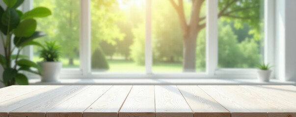 White wooden table, blurred window backdrop Ideal for product photography , wooden, photography