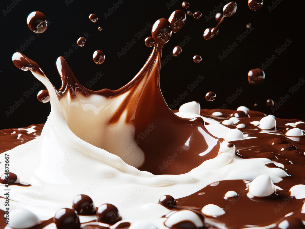 Poster chocolate and cream create a dynamic splash in dark background setting