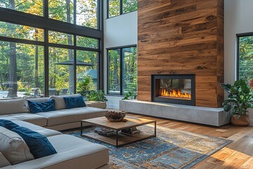 Modern fireplace with walnut wood paneling and blue accents in an upscale living room, featuring luxurious home decor and elegant design.