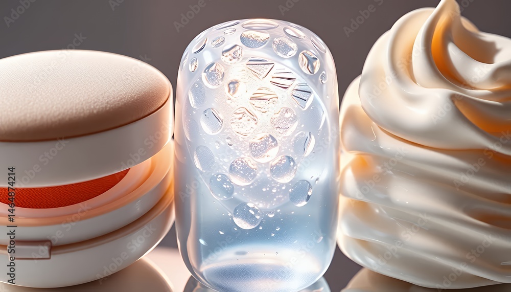 Poster beige round object beside translucent glitter container and white cream swirl in a clean studio sett