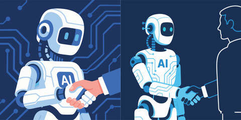 Illustration vector of a human and robot shaking hands, which signifies cooperation between artificial intelligence and people.