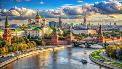 Obraz premium Moscow kremlin and the moscow river panoramic view under a beautiful sunny sky