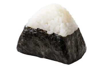 Japanese onigiri rice ball wrapped in nori seaweed, isolated on white transparent background, showcasing traditional Asian cuisine concept