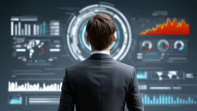 Analyzing Data: An astute professional gazes at a dynamic data visualization display, reflecting on complex business data