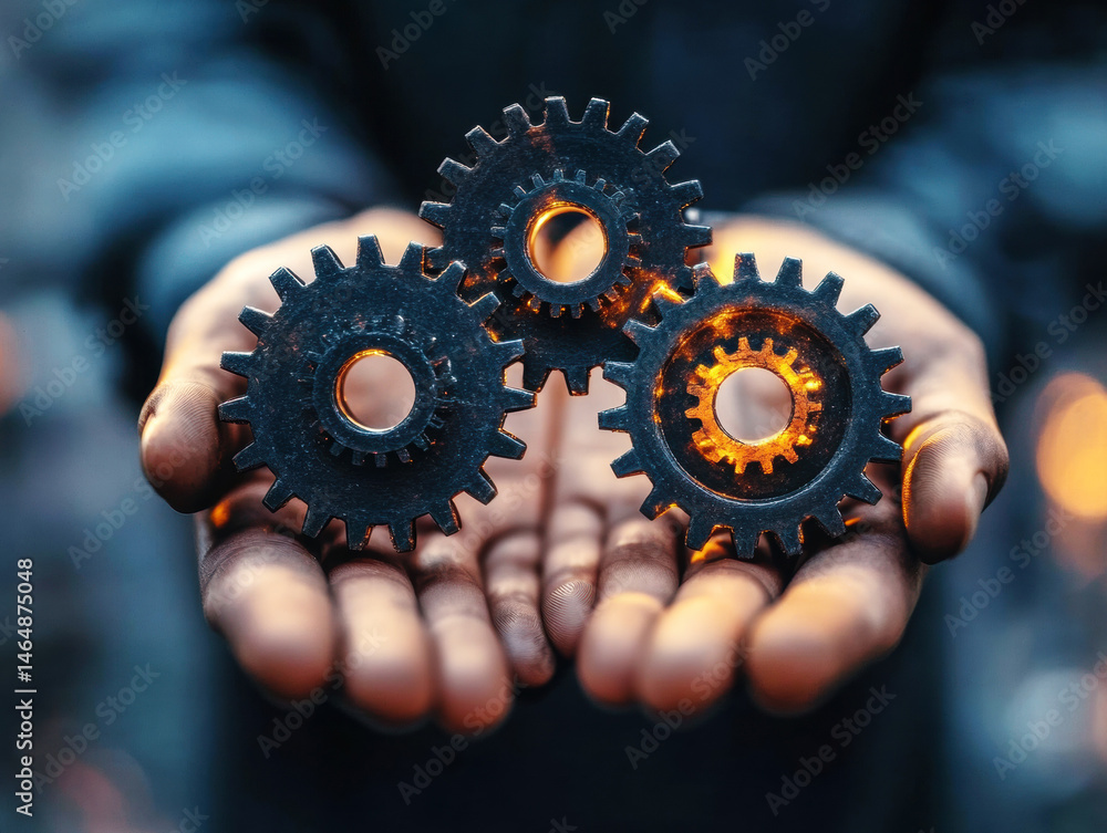 Poster hands holding metallic gears with glowing edges in a dim environment